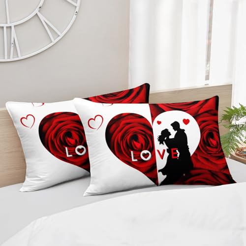 Image of AILONEN Red and White Comforter Set Queen Size,Red Rose Flower Love Couple Bedding Set Decor,Romance Heart His Hers Themed Women Men Quilt with 2 Pillowcases,3-Piece