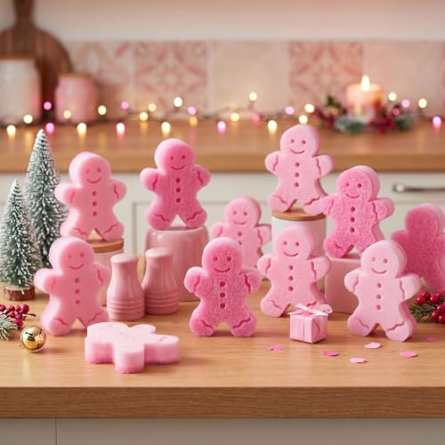Image of Tioncy 12 Pack Kitchen Sponges Bulk Dual Sided Scrubber Sponges Dishwashing Kitchen Cleaning Accessories for Household Supplies(Gingerbread Man, Pink)