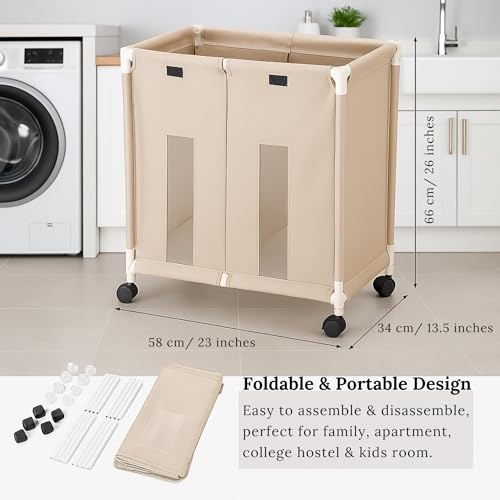 Image of 2-Section Laundry Basket with Wheels | Large 130L Rolling Hamper with Lid Cover | Foldable Oxford Fabric Laundry Organizer for Clothes Sorting | Durable, Dustproof & Portable (Off-White)