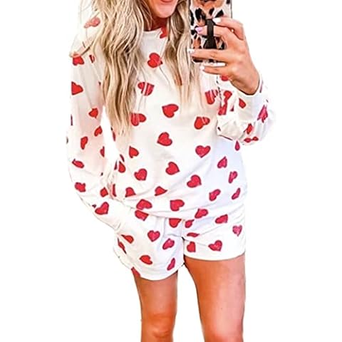 SECETKET Womens Pajamas Set Heart Print Top with Sleep Shorts Suit 2 Piece Sleepwear Pj Sets Comfy Loungewear(Long Sleeve,2XL) Cover