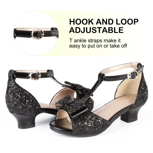 PANDANINJIA Lilly Girls Heels Todder Dress Shoes Pump T Strap Open Toe Bow Little Big Kids Flower Girl Shoes(Black Sequin, 1 M US Little Kid)3