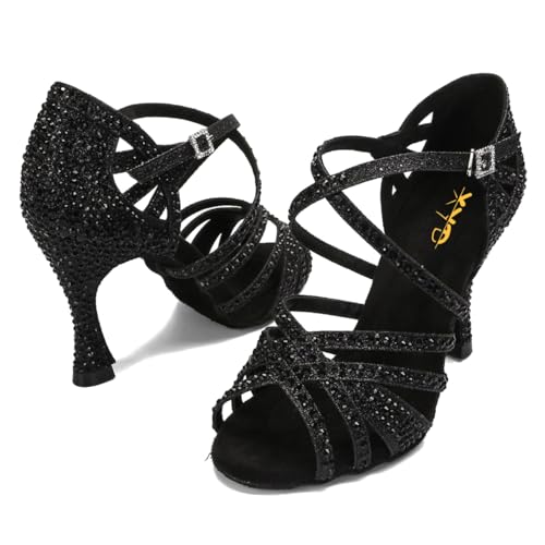 XYD Women Dance Ballroom Latin Jazz Sandals Mid Heels Open Toe Crystal Rhinestones Strappy Sparkling Bridal Evening Fancy Pumps Shoes4