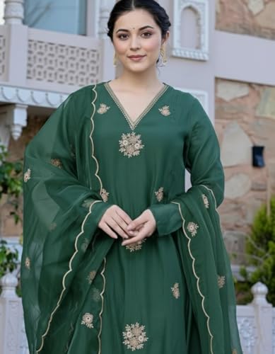 Image of Nermosa Women Embroidery Solid Anarkali Kurta and Pant Set with Dupatta
