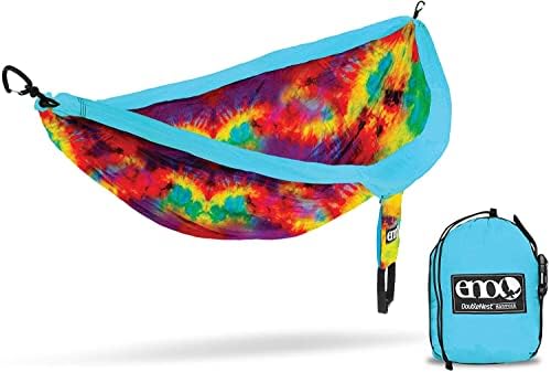 ENO Doublenest Hammock Tie Dye Soft Breathable Fabric 70 Denier High Tenacity Nylon Taffeta Fast Dry Heavy Duty Triple Stitched Compression Stuffsack Aluminium Wiregate Carabiners Weight 539 g
