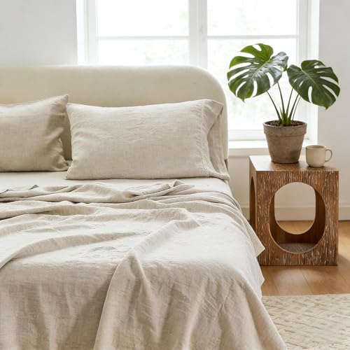 Simple&Opulence 100% Linen Hollow Hemstitch Sheet Set -4 Pieces European Flax Pure Washed Bed Sheets (1 Flat Sheet, 1 Fitted Sheet,2 Pillowcases) -Breathable and Soft (Hemstitch Linen,Queen)