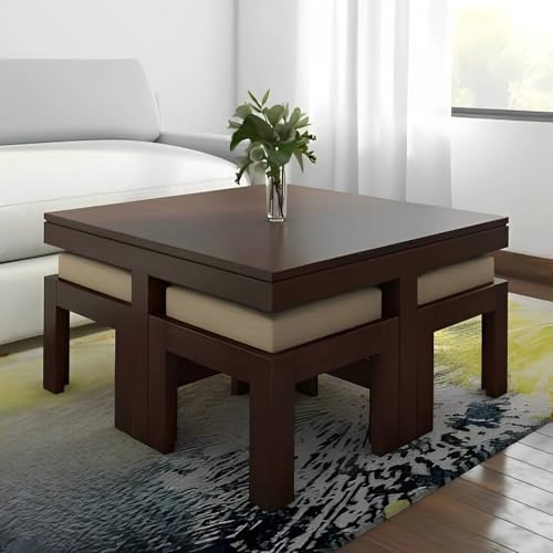 Coffee Tables: 10 Stylish Picks for Your Living Room 28 Wooden Coffee Table with 4 Cushioned Stools, Brown, 34x34x16 Inch...