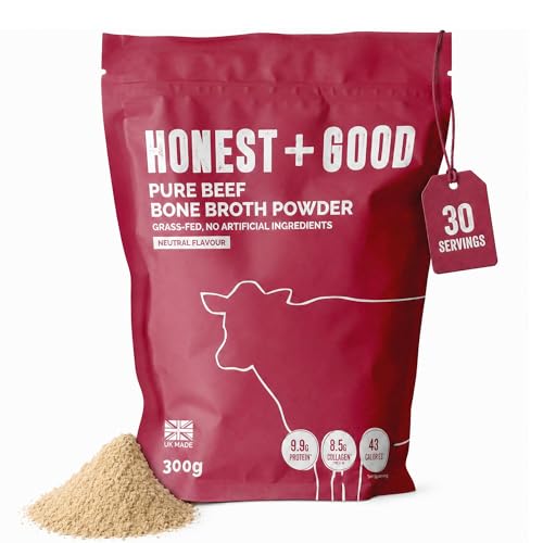 Honest + Good Beef Bone Broth Powder - 300 g | 1 Month Supply | Contains 8500mg Type I & III Collagen | Made with Grass Fed British Cattle | Promotes Hair Skin Nail & Gut Health | UK Made