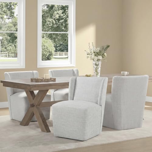 Image of KISLOT Upholstered Dining Chairs Set of 4 with Casters, Wingback Modern Side Armless Deskchair with Rollers for Diningroom Bedroom Livingroom Reading Room, Light Grey Fabric