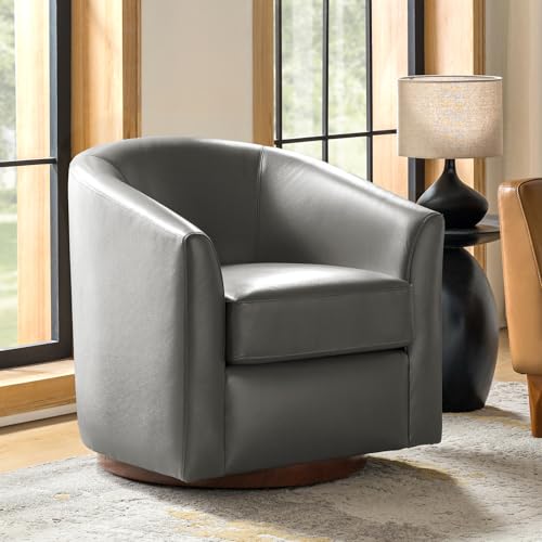 Image of HULALA HOME Genuine Leather Swivel Barrel Chair, Round Swivel Accent Chair with Solid Wood Base, No Assembly Required, Grey