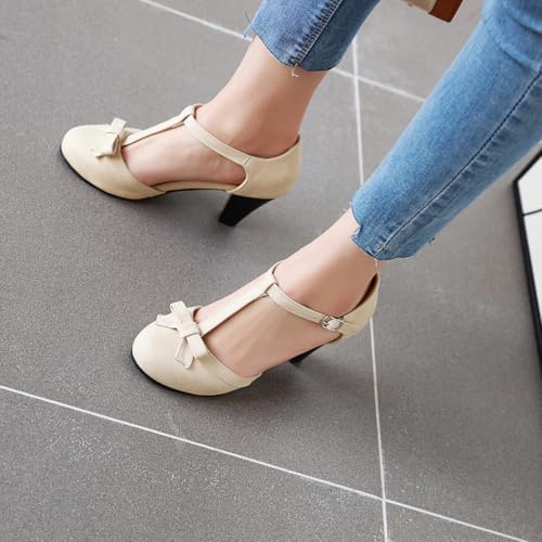 Image of Elbslutt Women's Cute Retro Rockabilly Shoes T Strap Mary Janes Heels Chunky Cosplay Shoes Sweet Block Heeled Bow Pumps