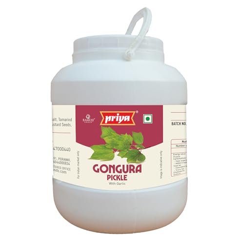 Priya Gongura Pickle with Garlic, 5kg - Authentic Telugu Style Achar |Traditional South Indian Taste| Homemade Andhra Pickles| Tangy and Spicy|With Tamarind Paste, Gongura Leaves and Mixed Spices