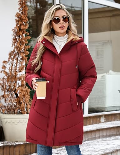 Yuson Girl Winterjacke Damen Wintermäntel Lang Steppjacke Fleece Gefüttert Mantel mit Kapuze Herbst Winter Jacke Winterparka Warm Steppmantel Winddichte Fleecejacke mit Tasche(Weinrot, L)