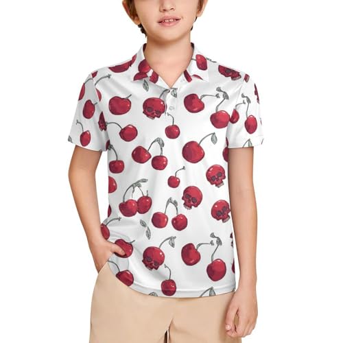Boys' Classic Polo Shirts Short Sleeve Moisture-Wicking Golf & Tennis Shirts for Youth Teens Cherry Skull Head