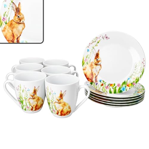 MamboCat Osterfreude 12tlg Frühstücksset I 6x Kuchenteller & 6x Kaffeebecher 280 ml aus Porzellan mit Osterhasen Dekor I 6 Personen I für Frühstück & Kaffee