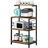 Bakers Rack for Kitchen,4-Tier Kitchen Storage Shelf Rack,Microwave Cart Coffee Bar Microwave Stand Rack with 4 Hooks,Bakers Racks for Kitchens with Storage (Single Row)