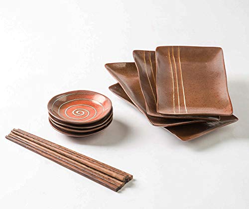 Pangu 12-Piece Japanese Style Sushi Plate Set, Dinnerware Set, Kage(Shadow), Brown, Service For 4 #TOP1