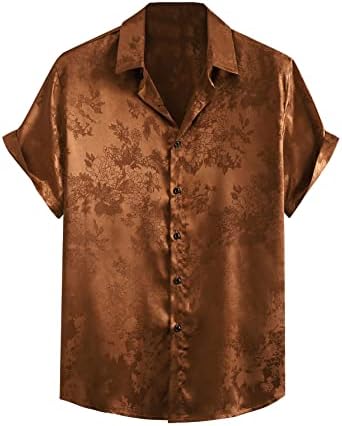 Floerns Men's Floral Jacquard Short Sleeve Button Front Satin Shirt Blouse Top Brown XL