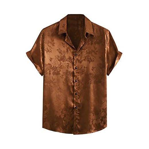 Floerns Men's Floral Jacquard Short Sleeve Button Front Satin Shirt Blouse Top Brown XL