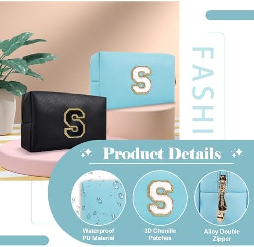 Small Personalized Initial A-Z Preppy Patch Makeup Bag,PU Chenille Letter Travel Cosmetic Pouch with Zipper,Blue Cute Toiletry Bag,Gift Ideal for Teen Girls Women Teacher Bridesmaid,Letter S - 2