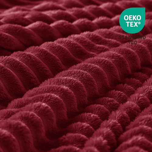Image of BEDELITE Fleece Throw Blanket for Couch - 3D Ribbed Jacquard Soft and Warm Decorative Fuzzy Blanket - Cozy, Fluffy, Plush Lightweight Burgundy Throw Blankets for Bed, Sofa, 50x60 inches