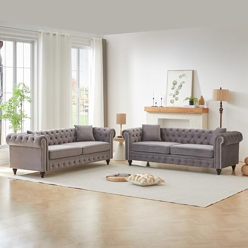KEIKI 85.5"+ 85.5" Retro Style Chesterfield Sofa, 6 Seat Upholstered