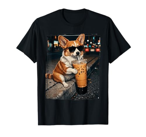 Funny Corgi Drinking Iced Coffee Cute Dog Meme Humor T-Shirt