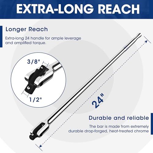 Image of WORKPRO Dual Drive Breaker Bar, 3 /8 inch & 1 /2 inch Drive, Heavy Duty Breaker Bars, 24-inch Length with 360 Rotatable Head, Spring-loaded Detent Ball, Chrome Vanadium Steel Made