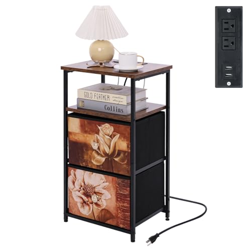 Image of ALBAD Nightstand with Charging Station and LED Lights, Brown Flower Drawers