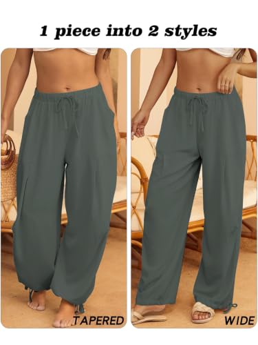 Image of Women's Linen Balloon Barrel Beach Pants Boho Harem Flowy Drawstring Casual Loose Pants with Pockets