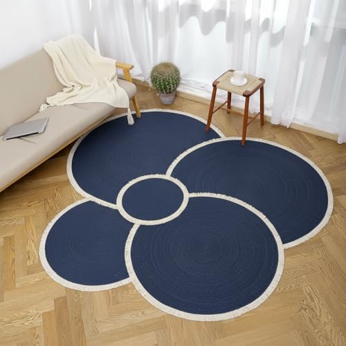 Image of Cotton Round Carpet 3x3 feet - Handmade Braided Boho Rug for Living Room, Bedroom & Balcony - Soft Washable Floor Mat, Color -Blue