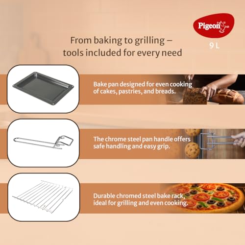 Pigeon Oven Toaster Grill (12381) 9 Liters OTG Without Rotisserie for Oven Toaster and Grill for Grilling and Baking Cakes (Grey) 8