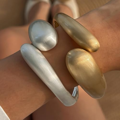 2PCS Chunky Gold Bangle Bracelets for Women Trendy Silver Plated Irregular Cuff Bracelets Stack Set Minimalist Arm Cuff Bracelet Statement Bracelets Fashion Cute Silver Jewelry4