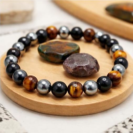 Moon & Moksha Triple Protection Bracelet - 8mm Natural Tiger Eye, Hematite & Obsidian Beaded Healing Stone Bracelet for Men and Women, AA Grade Crystal Jewelry Box Gift - image 3