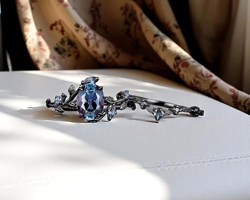 Vintage Black Gold Oval Alexandrite Engagement Ring & Twig Branch Wedding Band Set, Gothic Leaf Bridal Ring in Rhodium Plated Jewelry4
