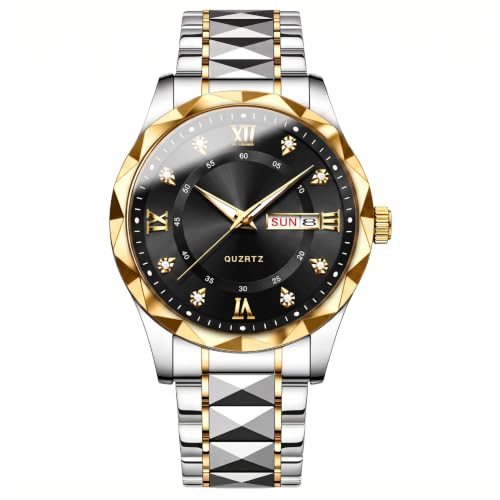 Image of GOLDENIZE FASHION Luxury Analog Roman Numeral Date Display Diamond Pattern Classics Stainless Steel Wrist Watch for Men