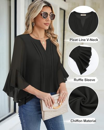 image for Timeson Womens Blouses for Work Professional: 3/4 Sleeve - Black Tops 