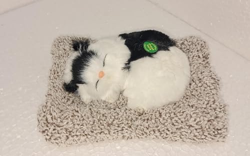 Image of Sleeping Cat Plush Toy with Press Simulation Sound, Sleeping Cat Stuffed Animal Fur Soft Toys with Sound for Kids Car Dashboard Cat & Office Desk (White& Black)