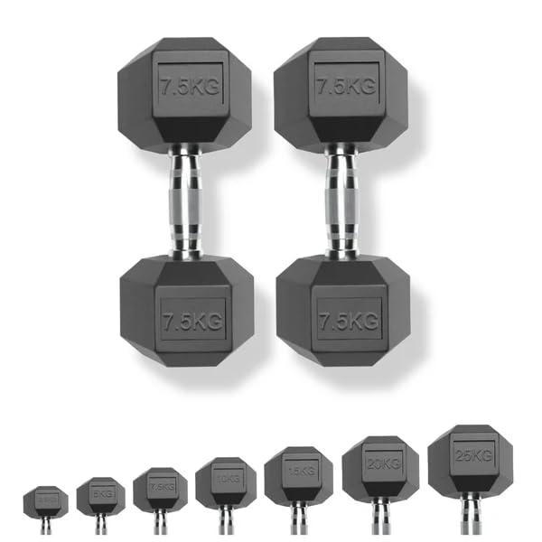 Strongway Hex Dumbbells Set Rubber Coated Cast Iron Weights 2.5KG - 35KG - Gym Strength Training Weight Lifting Equipment Exercise Men Fitness (2 X 7.5KG)