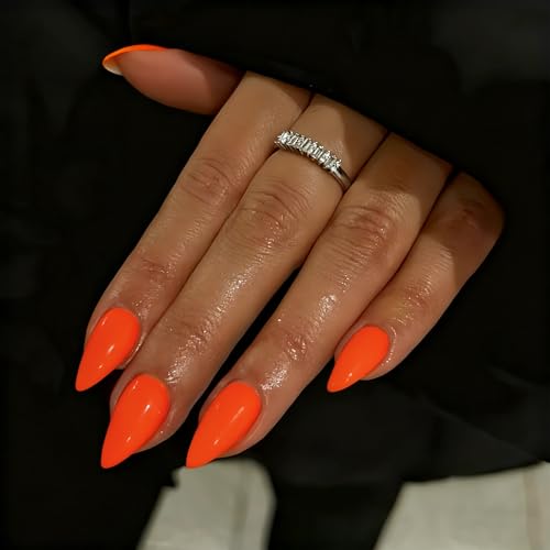 SXVME Neon Orange Press On Nails Almond Shape - Acrylic Press On Nails Medium Stiletto Opaque Solid Orange Fake Nails with Glue Fit Perfectly Reusable Soft Gel Stick on Nails for Women 24 Pcs