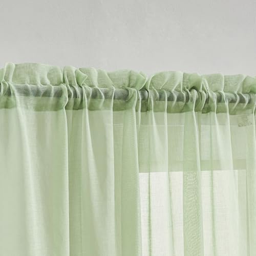 Image of MYSTIC-HOME Sheer Curtains Green 95 Inches Long, Window Treatments Rod Pocket Drapes for Living Room, Bedroom, Semi Crinkle Voile Curtain Panels for Yard, Patio, Villa, Parlor, Set of 2, 52 inchx95 inch