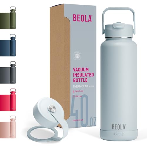 BEOLA 1200ml Vacuum Insulated Water Bottle, Double Wall Stainless Steel Thermos Bottle with wide mouth, 2 lids included, Hot Cold Water Flask, Large Sports Bottle with straw lid, 40oz (Ice Blue)