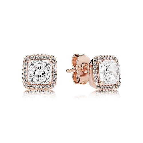 PANDORA Square Sparkle Halo Stud Earrings - Gold Earrings for Women - Great Gift for Her - 14k Rose Gold with Sparkling Cubic Zirconia
