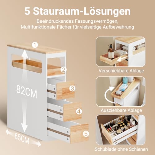 SoBuy Badezimmerschrank mit Rollen, Schmal Badschrank mit 3 Schubladen – Kompakte Kommode aus Holz, Beweglicher Nischenschrank für kleine Bäder, WC und Küche, Weiß, 65x23x82cm, BZR54-III-WN