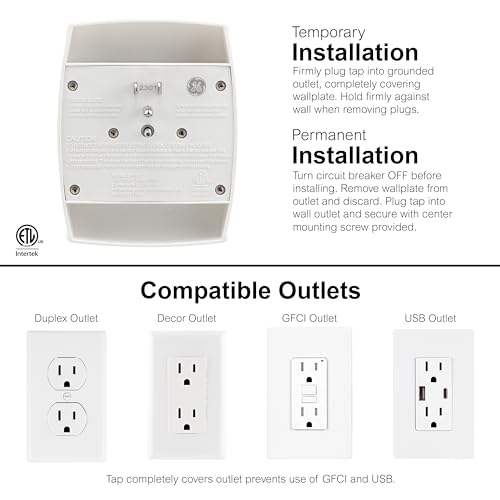 GE 6-Outlet Extender Wall Tap, Grounded Adapter, Outlet Splitter, Charging Station, 3-Prong, Secure Install, ETL Listed, White, 54947
