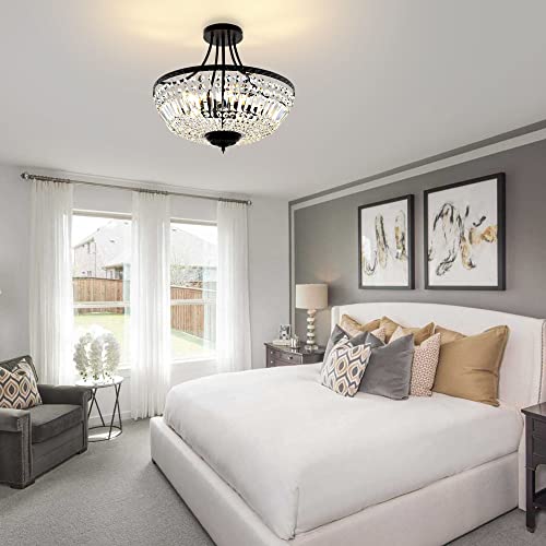 Wingbo 19.5 Inch Crystal Ceiling Light Fixture, 5-Light Raindrop Semi Flush Mount Chandelier, Modern Round Close To Ceiling Hanging Light For Living Room Dining Room Bedroom Hallway thumb #7