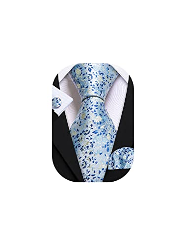 Image of Barry.Wang Flower Ties for Men Handkerchief Cufflinks Set Wedding Necktie Set Party