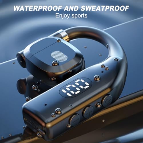 Mwqpgyh ランニング用イヤホン - フック付きイヤホン | 防水ノイズキャンセリング機能付きバッテリー表示搭載作業ランニングジム水泳フィットネスバイク女性向け