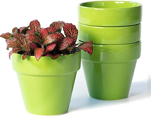 YBX 4-Inch Ceramic Plant Pots Outdoor Garden Planter Round Flower Pot with Drainage Hole Green (Pack 4)