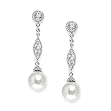 Mariell Vintage Wedding Pearl and CZ Dangle Bridal Earrings - Filigree Art Deco Gatsby Style Pearl Drops