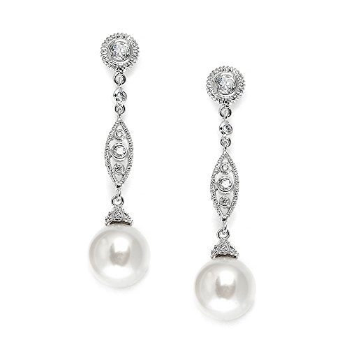 Mariell Vintage Wedding Pearl and CZ Dangle Bridal Earrings - Filigree Art Deco Gatsby Style Pearl Drops